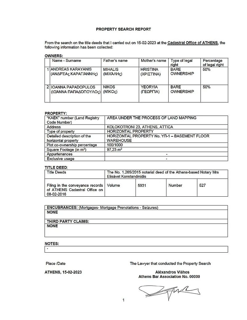 Example of land registration document